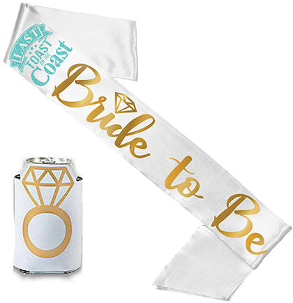 Last Toast Bride to Be Diamond Gold White Sash & Gold Ring Can Cover - Set of 2