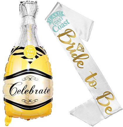 Last Toast Bride to Be Diamond Gold White Sash &amp; Celebrate Champagne Balloon - Set of 2