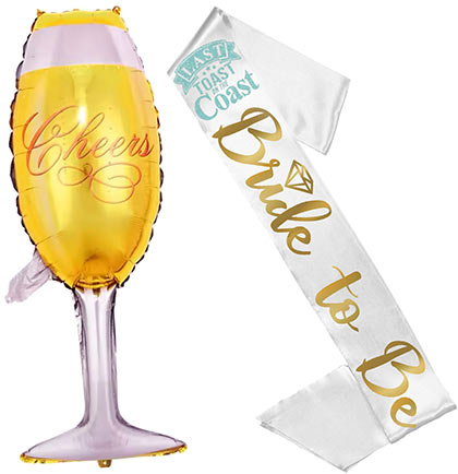 Last Toast Bride to Be Diamond Gold White Sash &amp; Cheers Flute Balloon - Set of 2