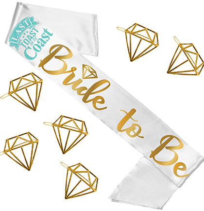 Last Toast Bride to Be Diamond Gold White Sash &amp; Diamond Hair Clip - Set of 7