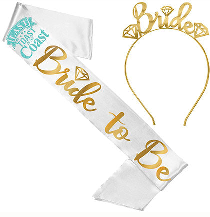 Last Toast Bride to Be Diamond Gold White Sash &amp; Gem Bride Headband - Set of 2