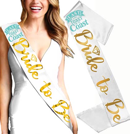 Last Toast Bride to Be Diamond Gold White Sash &amp; Gem Bride Headband - Set of 2