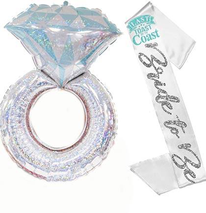 Last Toast Bride to Be Silver Glam White Sash &amp; Holographic Ring Balloon - Set of 2