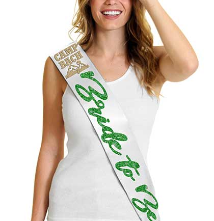 Tan Camp Bach Bride to Be Green Glam White Sash