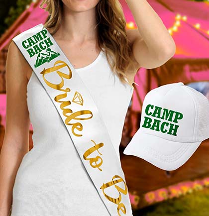 Green Camp Bach Bride to Be Diamond Gold White Sash & Trucker Hat - Set of 2