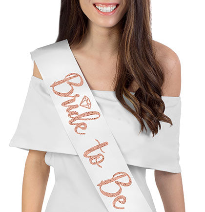 Bride to Be White &amp; Rose Gold Diamond Sash, Veil &amp; Bow - Set of 3