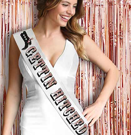 Gettin' Hitched Black & Rose Gold Glitter White Sash