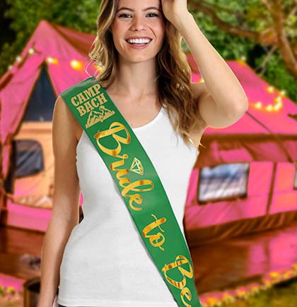 Tan Camp Bach Bride to Be Gold Diamond Green Sash