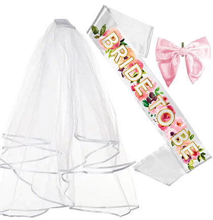 Watercolor Fall Floral Bride to Be Sash, Veil &amp; Bow - Set of 3
