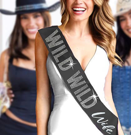 Wild Wild Wife Rhinestone and Silver Glitter Black Satin Sash