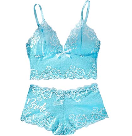 White Glam Bride Lace Scalloped Aqua Blue Lingerie, Mask & Handcuff - Set of 3