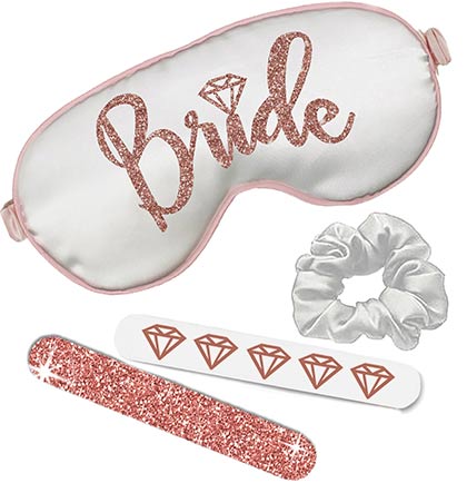 Rose Gold Bride with Diamond White Rose Piping Mask, Scrunchie &amp; Nail File Set