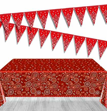 Red and White paisley print plastic table cover and pennant banner