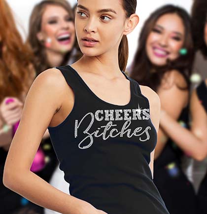 Cheers Bitches Silver Sparkle &amp; Rhinestone Black Tank Top