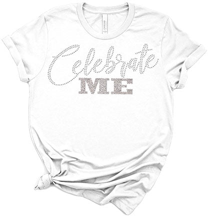 Real crystal rhinestone and silver sparkle Celebrate Me white tee