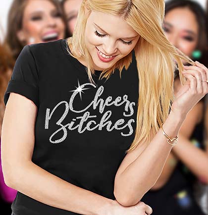 Real crystal rhinestone Cheers Bitches black tshirt