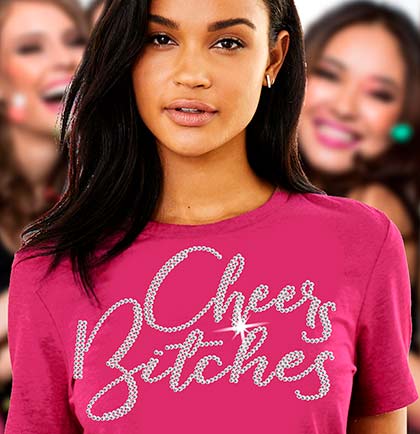 Real crystal rhinestone Cheers Bitches Magenta Tshirt