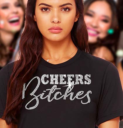 Cheers Bitches Silver Sparkle and Rhinestone Black Tshirt