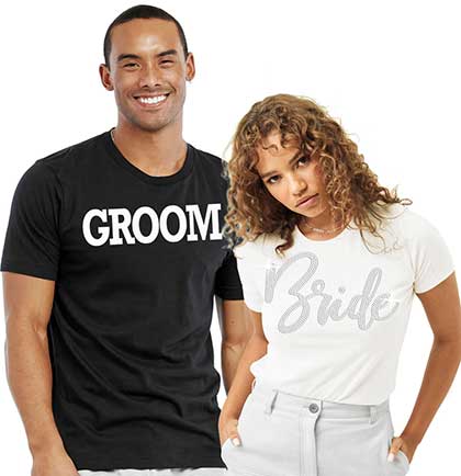 Bride Glam Rhinestone White Tee &amp; Groom Black Tee - Set of 2