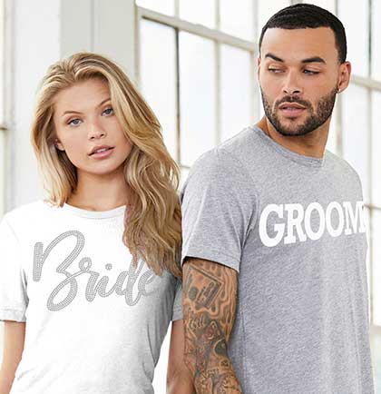 Bride Glam Rhinestone White Tee &amp; Groom Grey Tee - Set of 2