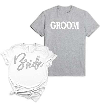 Bride Glam Rhinestone White Tee &amp; Groom Grey Tee - Set of 2