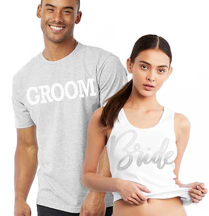 Couple shirt set. Crystal rhinestone Bride white tank top and white Groom grey tshirt. 
