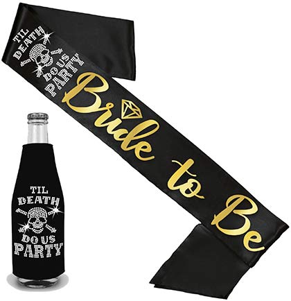 Til Death Bride to Be Diamond Metallic Black Sash &amp; Black Bottle Cover