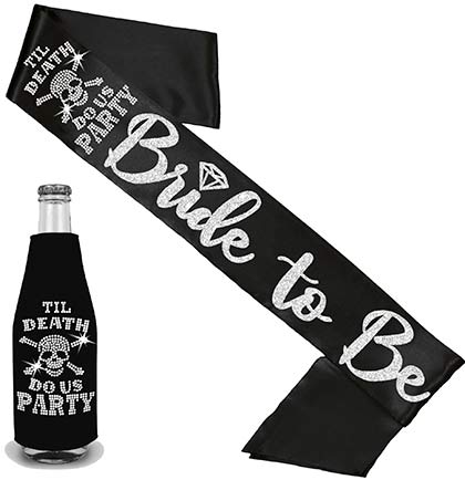 Til Death Bride to Be Diamond Metallic Black Sash & Black Bottle Cover