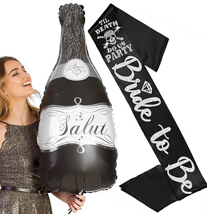 Til Death Bride to Be Diamond Silver Black Sash &amp; Black Salut Champagne Balloon