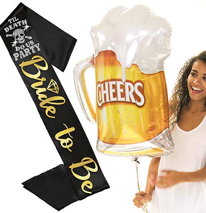 Til Death Bride to Be Diamond Gold Metallic Black Sash & Cheers Beer Mug Balloon