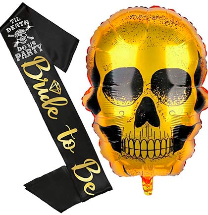Til Death Bride to Be Diamond Gold Metallic Black Sash & Golden Skull Balloon