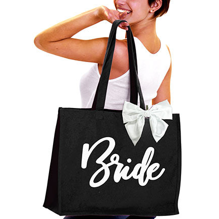Bride White Glam Large Canvas Tote with White Bow