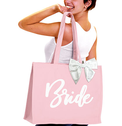 Bride White Glam Large Canvas Tote with White Bow