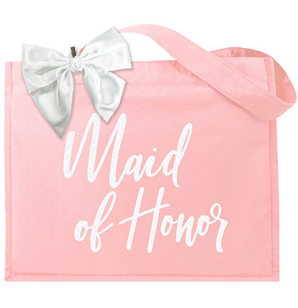 Maid of Honor White Glam Large Canvas Tote with White Bow