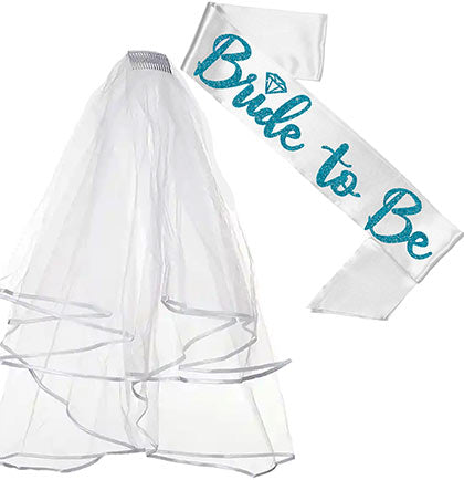 White & Turquoise Glitter Diamond Luxury Bride Veil & Sash Set