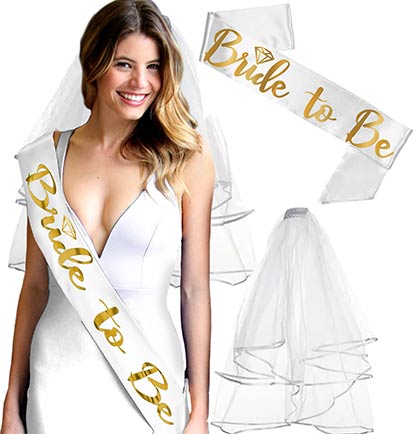 Gold Bride to Be with Diamond Luxury White Sash &amp; Veil Set