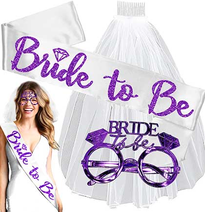 Purple Bride with Diamond White Sash, Purple Glasses &amp; Short Veil Set