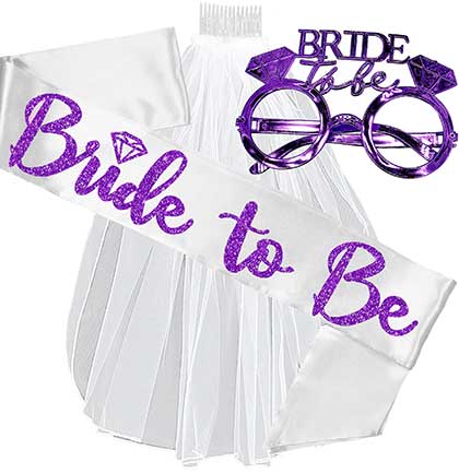 Purple Bride with Diamond White Sash, Purple Glasses &amp; Short Veil Set