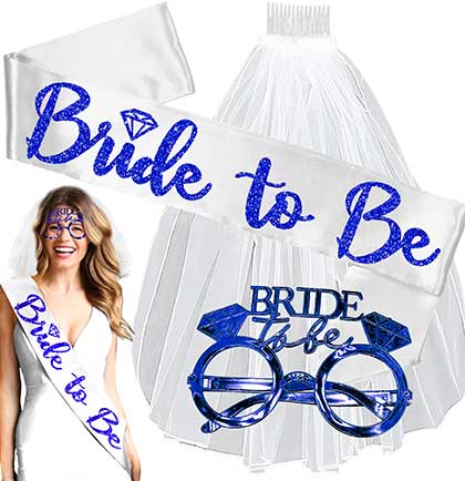 Blue Bride with Diamond White Sash, Blue Glasses &amp; Short Veil Set