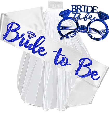 Blue Bride with Diamond White Sash, Blue Glasses &amp; Short Veil Set