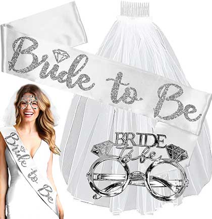 Silver Bride with Diamond White Sash, Silver Glasses & Short Veil Set