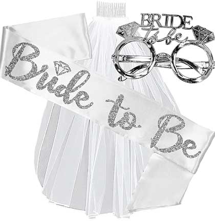 Silver Bride with Diamond White Sash, Silver Glasses & Short Veil Set