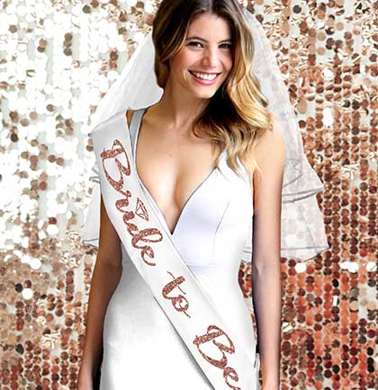 White &amp; Rose Gold Glitter Diamond Luxury Bride Veil &amp; Sash Set