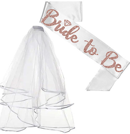 White &amp; Rose Gold Glitter Diamond Luxury Bride Veil &amp; Sash Set