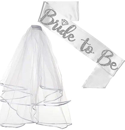 White & Silver Glitter Diamond Luxury Bride Veil & Sash Set