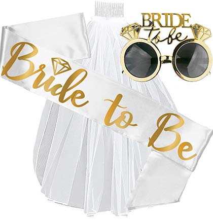 Gold Bride with Diamond White Sash, Sunglass & Veil Set