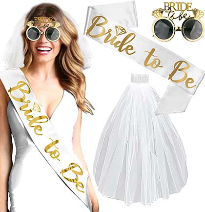 Gold Bride with Diamond White Sash, Sunglass & Veil Set