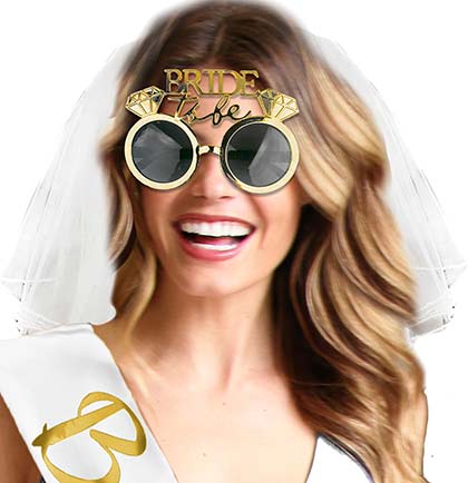 Gold Bride with Diamond White Sash, Sunglass &amp; Veil Set