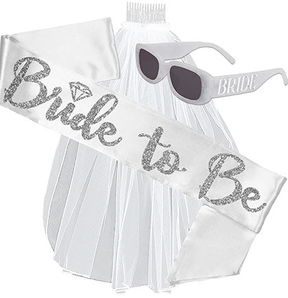 Silver Bride with Diamond White Sash, Sunglass & Veil Set