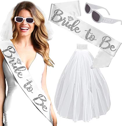 Silver Bride with Diamond White Sash, Sunglass & Veil Set